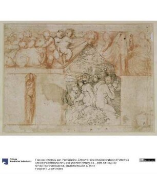 Entwurf für eine Wanddekoration mit Puttenfries und einer Darstellung von Diana und ihren Nymphen (Ideenskizze für die Freskendekoration für das camerino in der Rocca Sanvitale in Fontanellato bei Parma)