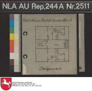 Grundriß vom Dachgeschoß des städtischen Hauses Rudolf-Eucken-Allee 9 in AURICH Zeichnung von NN. Papier Format 18,7x20,8 M 1:100