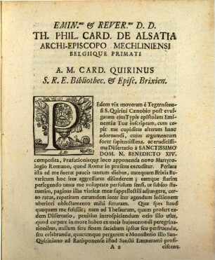 Ad Eminenentiss. & Reverend. Dominum Dominum Thomam Philippum Cardinal. de Alsatia Archi-Episcopum Mechlineinsem Belgique Primatem Epistola