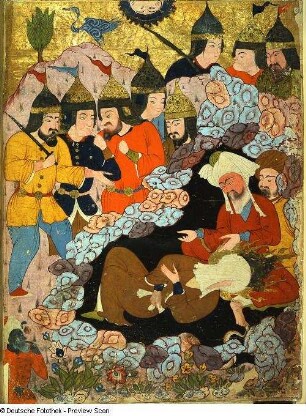 Der Prophet Muhammad und Abu Bakr in der Höhle, fol. 2v (Seite 98) : Der Prophet Muhammad und Abu Bakr in der Höhle, fol. 2v. (Seite 98). Deckfarben, Blattgold; 66,6 x 48,8 cm. 1594/1700. Aus: Falnameh. Dresden: SLUB Mscr.Dresd.Eb.445