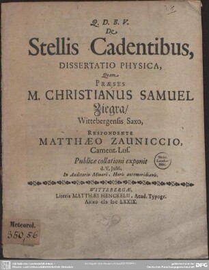 De Stellis Cadentibus, Dissertatio Physica