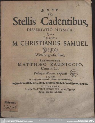 De Stellis Cadentibus, Dissertatio Physica