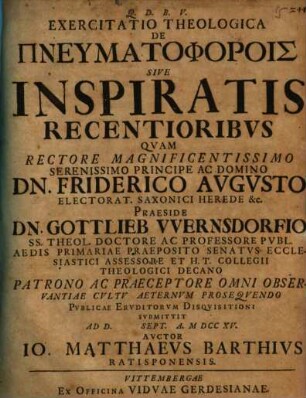 Exercitatio theologica de pneumatophorois sive inspiratis recentioribus