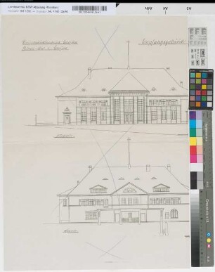 Bestandszeichnung Empfangsgebäude [Bahnhof] Unterbarmen: Ansichten [linke Hälfte], M.~1:100