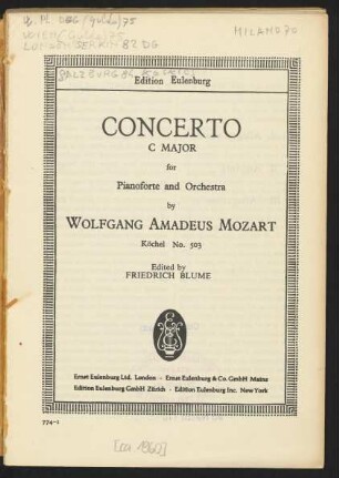 Concerto C major for pianoforte and orchestra : Köchel No. 503