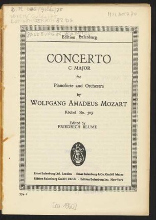 Concerto C major for pianoforte and orchestra : Köchel No. 503