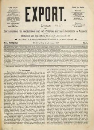 Export : Organ d. Centralvereins für Handelsgeographie und Förderung Deutscher Interessen im Auslande. 7. 1885