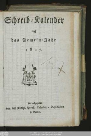 1817: Schreib-Kalender : auf das Gemeinjahr ..
