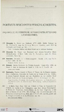 Porträts berühmter Persönlichkeiten. (Aquarelle, Kupferstiche, Schabkunstblätter und Lithographien) (Nr. 458-685)