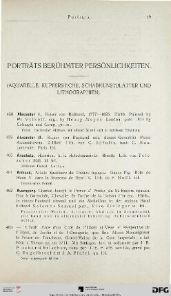 Porträts berühmter Persönlichkeiten. (Aquarelle, Kupferstiche, Schabkunstblätter und Lithographien) (Nr. 458-685)