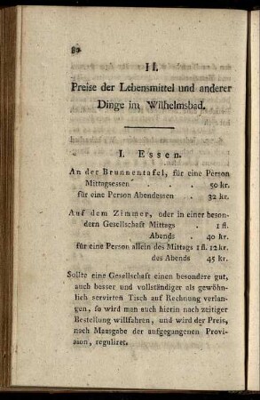 II. Preise der Lebensmittel und anderer Dinge im Wilhelmsbad.