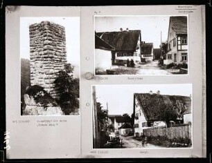 Turmstumpf der Ruine "Untere Burg", Bauernhaus mit Strohdach, Bauernhaus mit Strohdach von der anderen Seite