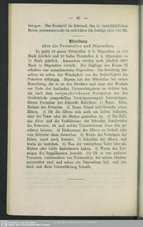 Mitteilung über die Freistellen und Stipendien