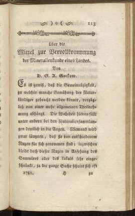 Über die Mittel zur Vervollkommnung der Mineralienkunde eines Landes. Von D. G. A. Suckow.