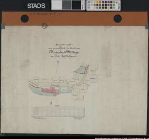 "Situationsplan von einem Teile der Landstraße Bissendorf-Wittlage im Dorfe Schledehausen" Kirche, Schule und Häuser beiderseits der Straße mit Besitzernamen Ausf.-Art: Farbige Zeichnung Herst.: Heinrich Meyer, v. Bodecker Format: 47 x 64 cm Maßstab: 1 : 500