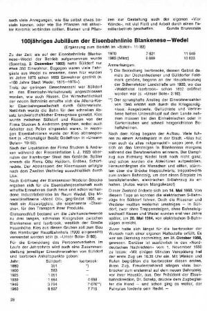 100jähriges Jubiläum der Eisenbahnlinie Blankenese-Wedel : (Ergänzung zum Bericht im "Boten" 11/83)