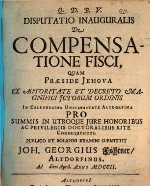 Disputatio Inauguralis De Compensatione Fisci