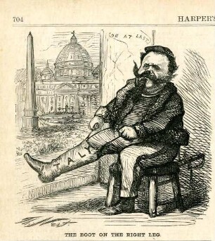 The boot on the right leg : vor dem Hintergrund des Vatikan zieht sich König Viktor Emanuel II. einen Stiefel an, der das geeinte Italien symbolisiert