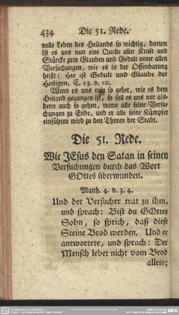 Die 51. Rede. Wie Jesus den Satan in seinen Versuchungen durch das Wort Gottes überwunden : Matth. 4. v. 3. 4.