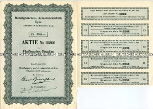 Aktie der Metallgießerei und Armaturenfabrik Lyss über 500 Schweizer Franken mit Kupons