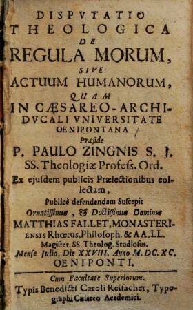 Dispvtatio Theologica De Regula Morum, Sive Actuum Humanorum