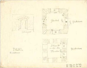 Thiersch, August ; Reiseskizzen - Kirchturm - Glockenhaus in Pähl (Grundrisse, Detail)