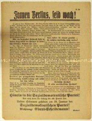 Aufruf der SPD an Frauen zur Wahl der Nationalversammlung und Ankündigung einer Kundgebung am 5. Januar 1919 in Berlin