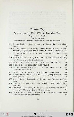 Dritter Tag: Samstag, den 21. März 1931, im Franz-Josef-Saal, Beginn um 3 Uhr (Nr. 651-1030)