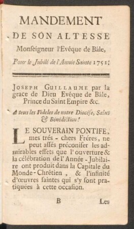 Mandement De Son Altesse Monseigneur l'Evéque de Bále, ...