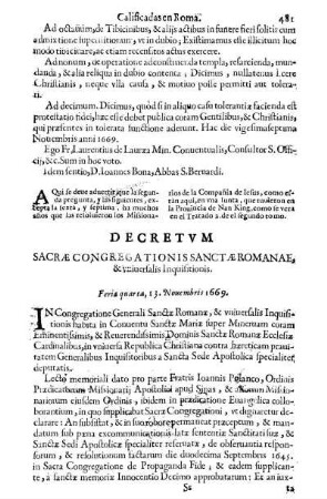 Decretvm Sacræ Congregationis Sanctæ Romanae, & vniuersalis Inquisitionis. Feria quarta, 13. Nouembris 1669.