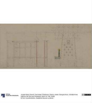 Darmstadt, Wohnhaus Olbrich, erstes Obergeschoss, Schlafzimmer, Aufrisse der Süd und Westwand