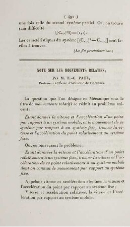 Note sur les mouvements relatifs.