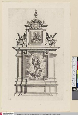 Livre d'Architecture d'Autels, et de Cheminees, Bl. 3 [Altar. Christus im Himmel, das Kreuz haltend; Autel. Le christ au ciel tenant sa croix]