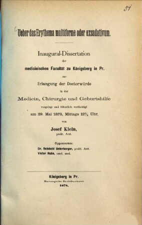 Ueber das Erythema multiforme oder exsudativum : Von Joseph Klein. (Inauguraldissertation.)