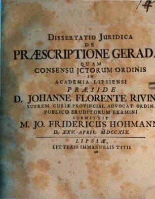 Dissertatio iuridica de praescriptione geradae