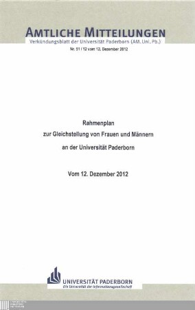 Rahmenplan zur Gleichstellung von Frauen und Männern an der Universität Paderborn : vom 12. Dezember 2012