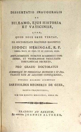 Diss. inaug. de Bileamo, eius historia et vaticiniis