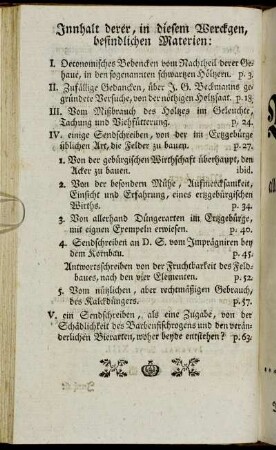 Innhalt derer, in diesem Werckgen, befindlichen Materien:[...]