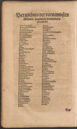 Verzeichnis der vornembsten Authoren/ so in diesem Promptuario gebraucht sein.
