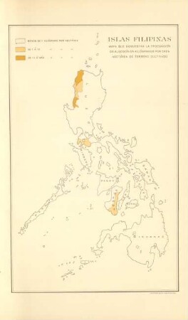 Islas filipinas. Mapa que demuestra la producción de algodón en kilógramos por cada hectárea de terreno cultivado
