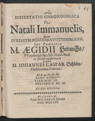 Dissertatio Chronologica De Natali Immanuelis
