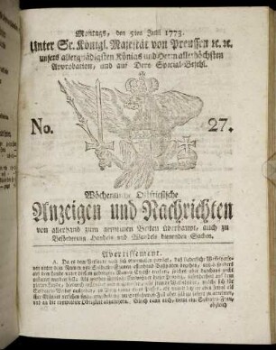 No. 27. Montags, den 5ten Julii 1773.