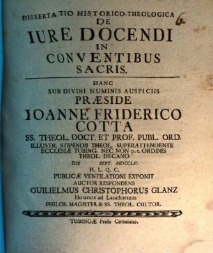 Dissertatio Historico-Theologica De Iure Docendi In Conventibus Sacris