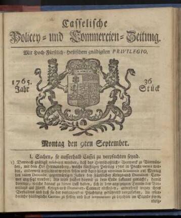 36. Stueck, Montag den 9ten September 1765