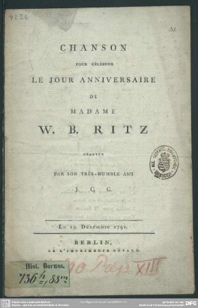 Chanson Pour Célèbrer Le Jour Anniversaire De Madame W. B. Ritz