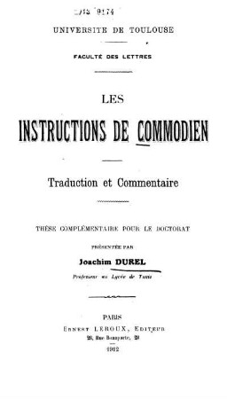 Les instructions de Commodien : Traduction et Commentaire : Thèse complémentaire pour le doctorat