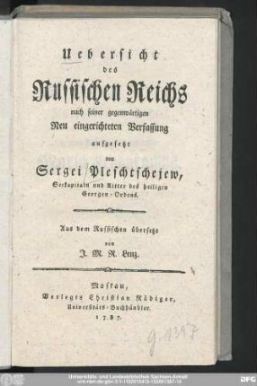 Uebersicht des Russischen Reichs nach seiner gegenwärtigen Neu eingerichteten Verfassung