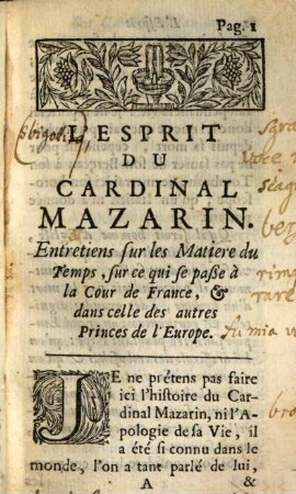 L' esprit du Cardinal Mazarin : Entretiens sur le matieres tu temps ...