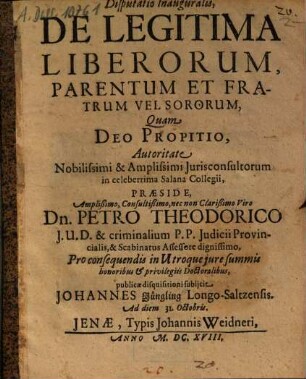 Disputatio Inauguralis, De Legitima Liberorum, Parentum Et Fratrum Vel Sororum