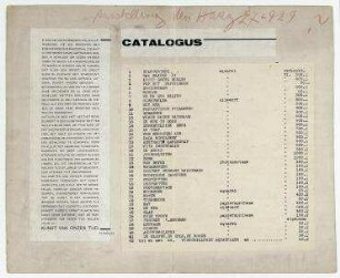 Catalogus. Ausschnitt eines Katalogtextes von Hannah Höch aus dem Katalog Galerie De Bron und eine Liste von Werken Hannah Höchs mit Preisangaben.